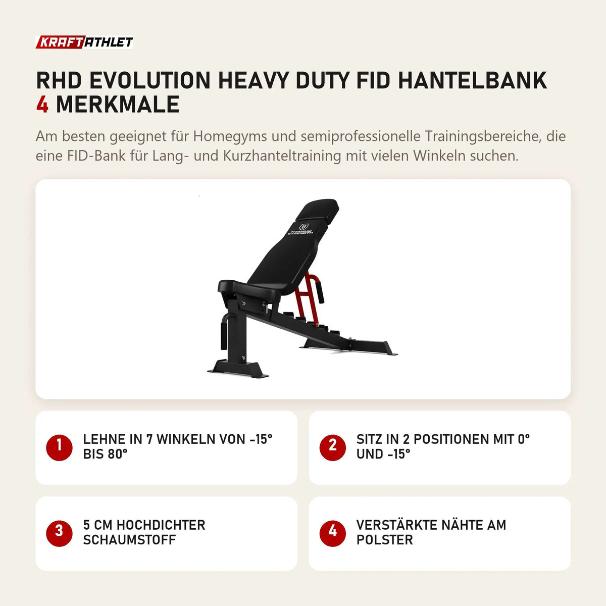 Titanium Strength RHD Evolution Heavy Duty FID Hantelbank mit 4 Merkmalen: Lehne in 7 Winkeln von -15° bis 80°, Sitz in 2 Positionen mit 0° und -15°, 5 cm hochdichter Schaumstoff, Verstärkte Nähte am Polster
