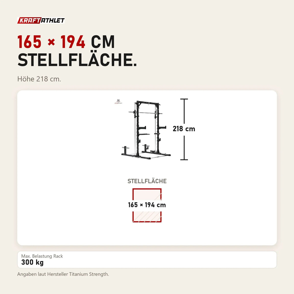 Maßbild Titanium Strength RM20 Multipower und Rack: Stellfläche 165 × 194 cm, Höhe 218 cm