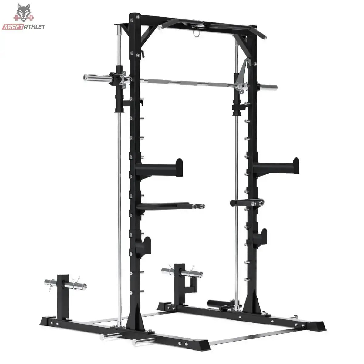Titanium Strength RM20 Multipower und Rack – Schrägansicht von rechts mit Multipresse, J-Hooks und Scheibenhaltern