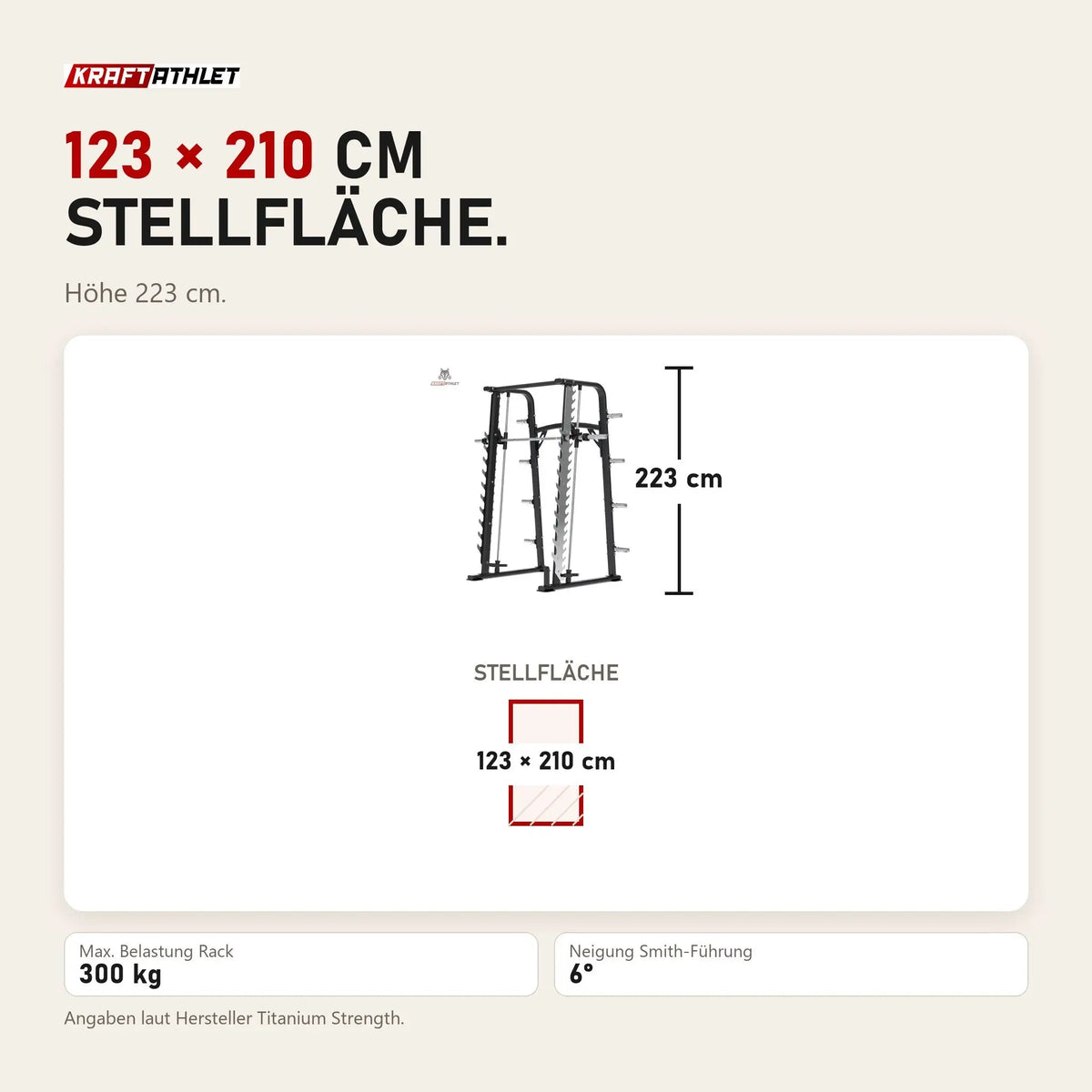 Maßbild Titanium Strength RXS Multipower mit Multilevel-Rack: Stellfläche 123 × 210 cm, Höhe 223 cm