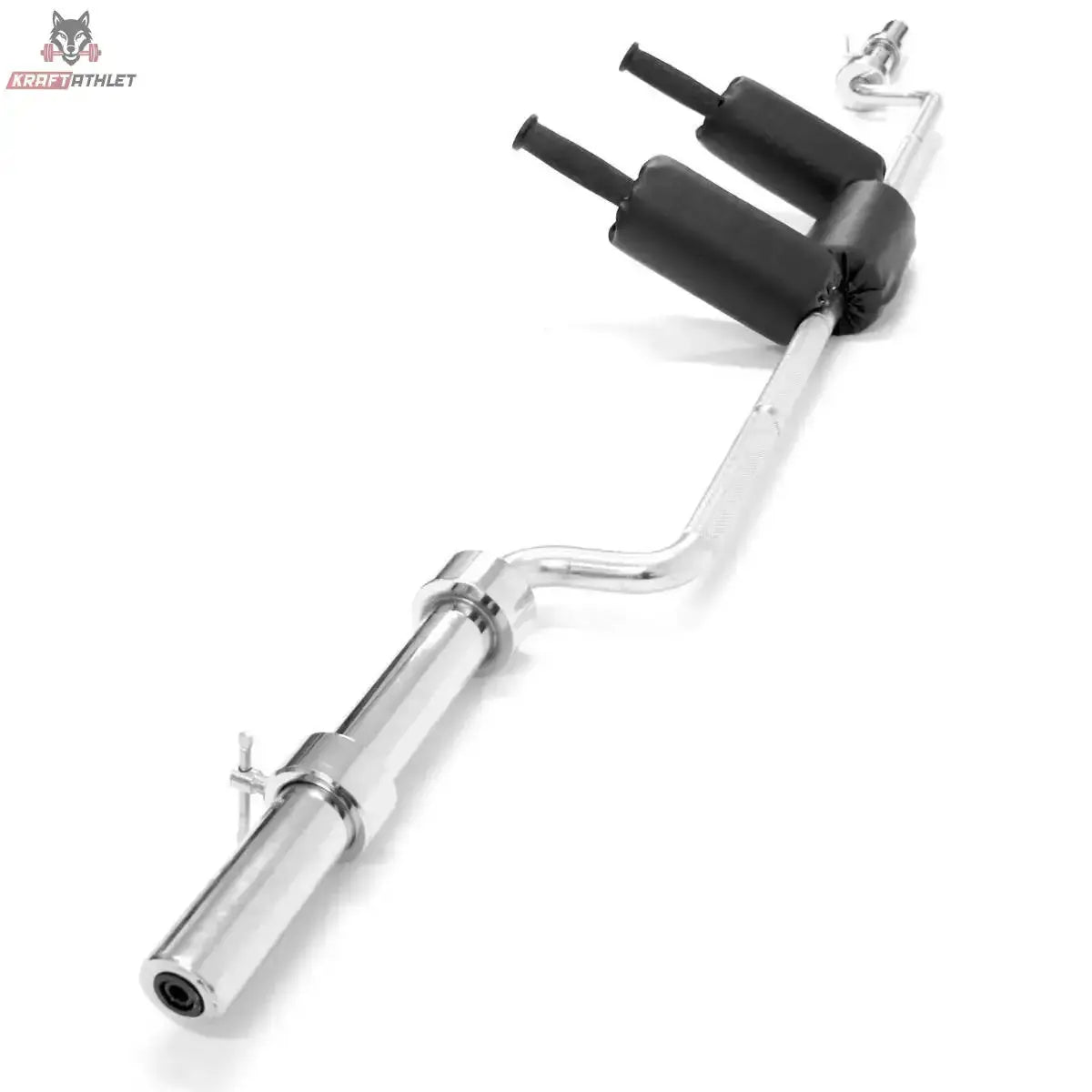 Titanium Strength Safety Squat Bar in Chrom, Schrägansicht mit Schulterpolstern und Griffen