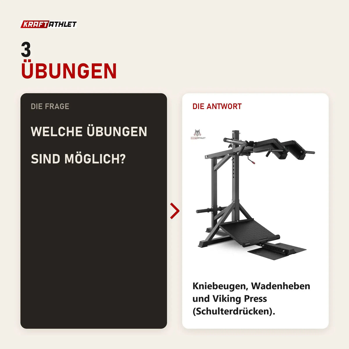 Frage und Antwort zu Titanium Strength SC250 Kniebeugenmaschine 3 in 1: Welche Übungen sind möglich?