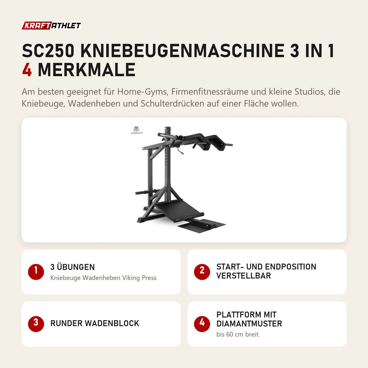 Titanium Strength SC250 Kniebeugenmaschine 3 in 1 mit 4 Merkmalen: 3 Übungen, Start- und Endposition verstellbar, Runder Wadenblock, Plattform mit Diamantmuster