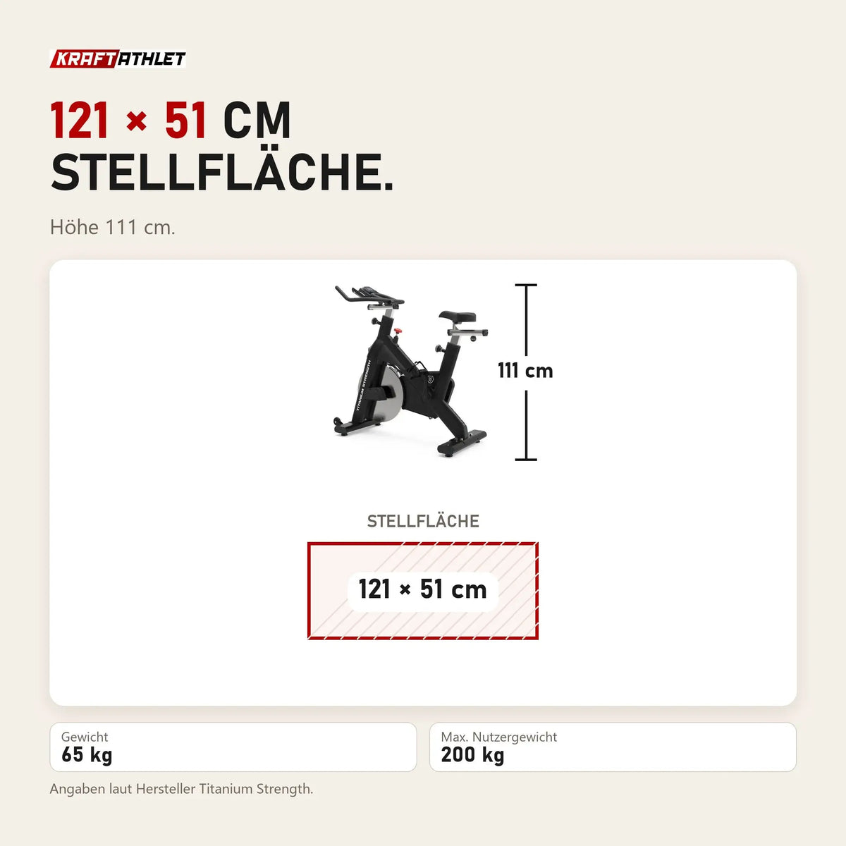 Maßbild Titanium Strength SP1 Indoor Cycle: Stellfläche 121 × 51 cm, Höhe 111 cm