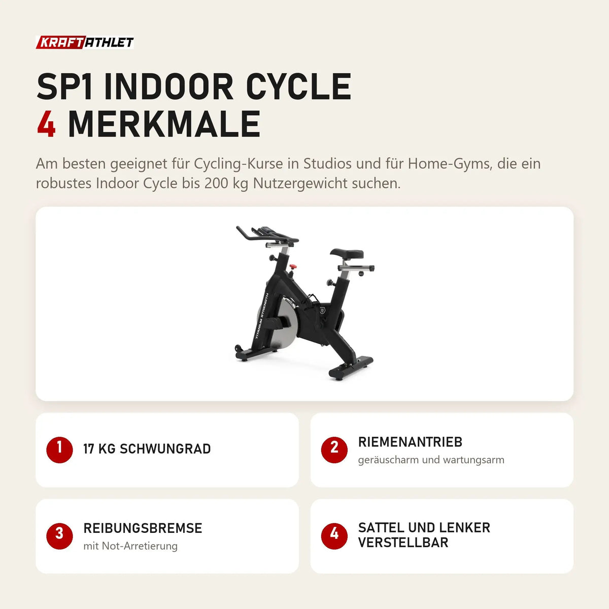 Titanium Strength SP1 Indoor Cycle mit 4 Merkmalen: 17 kg Schwungrad, Riemenantrieb, Reibungsbremse, Sattel und Lenker verstellbar
