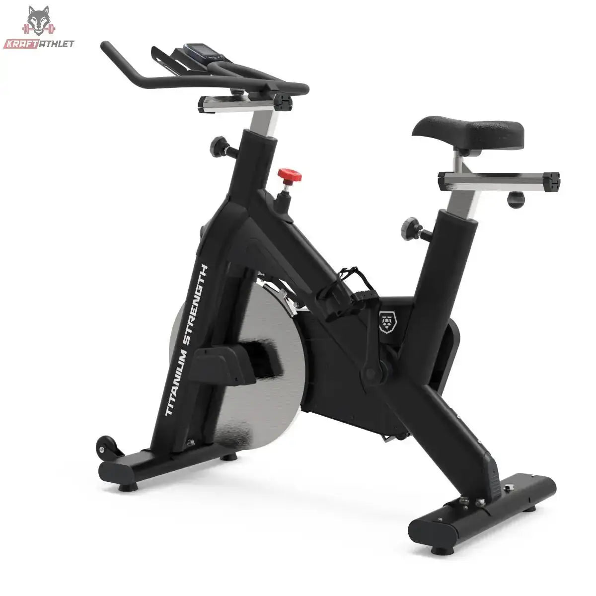 Titanium Strength SP1 Indoor Cycle: Seitenansicht in Schwarz mit Schwungrad, Sattel und Lenker