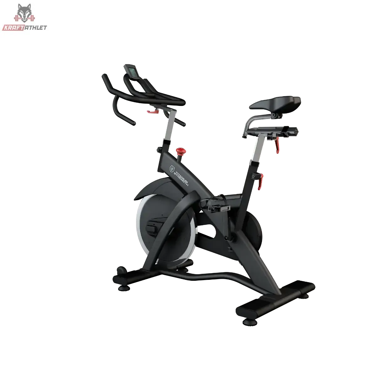 Titanium Strength SP2 Indoor Bike Pro Series – Schrägansicht von hinten mit Schwungradabdeckung