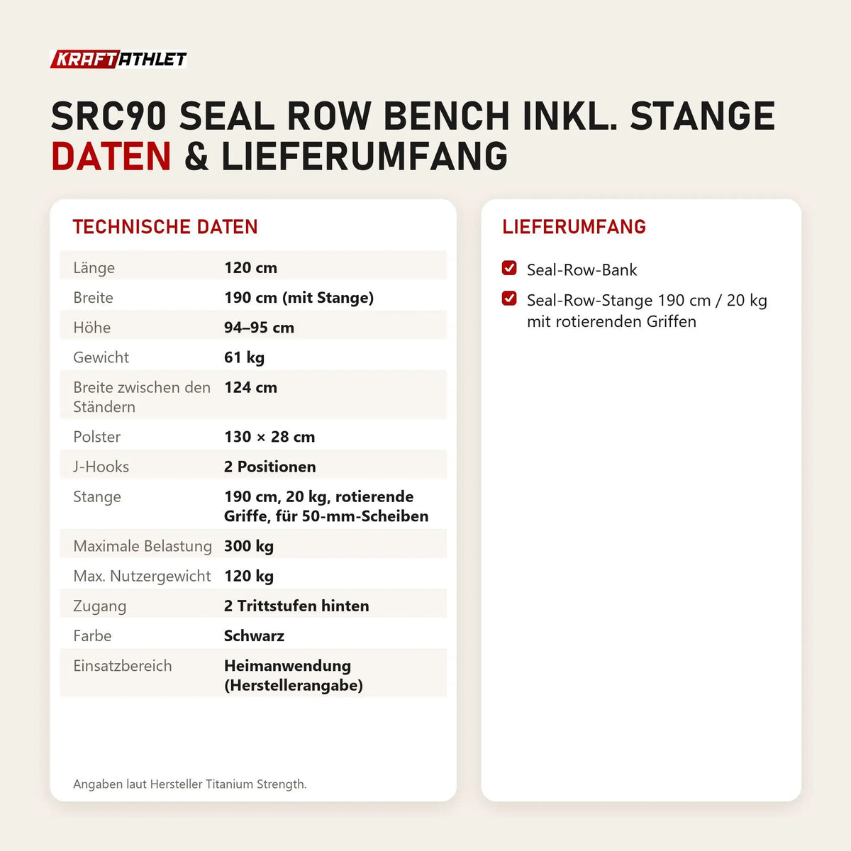 Technische Daten und Lieferumfang von Titanium Strength SRC90 Seal Row Bench inkl. Stange als Tabelle