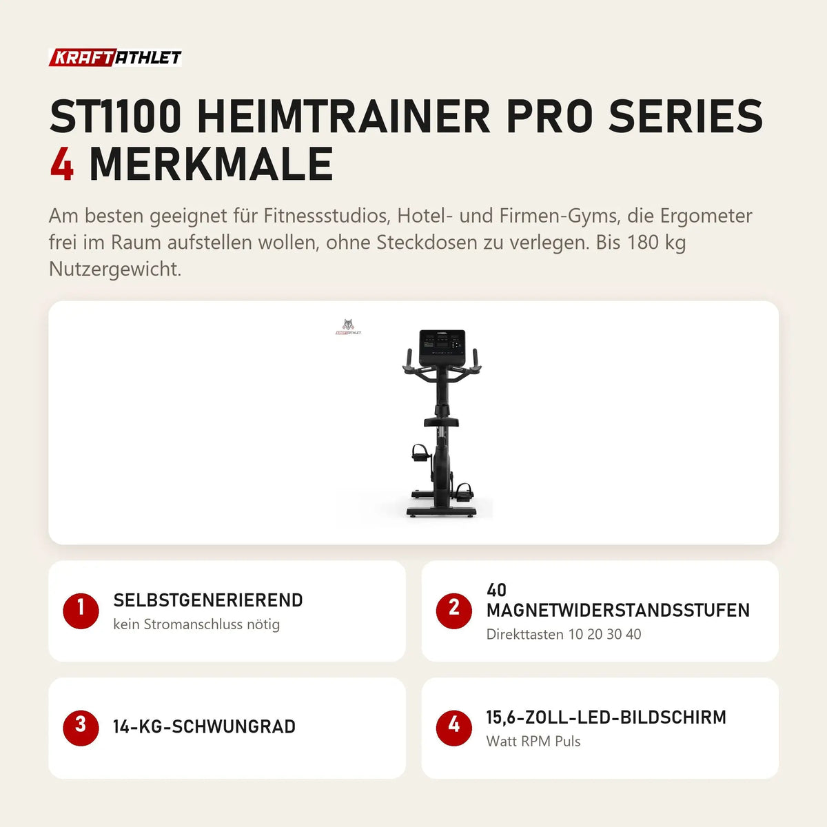 Titanium Strength ST1100 Heimtrainer Pro Series mit 4 Merkmalen: Selbstgenerierend, 40 Magnetwiderstandsstufen, 14-kg-Schwungrad, 15,6-Zoll-LED-Bildschirm