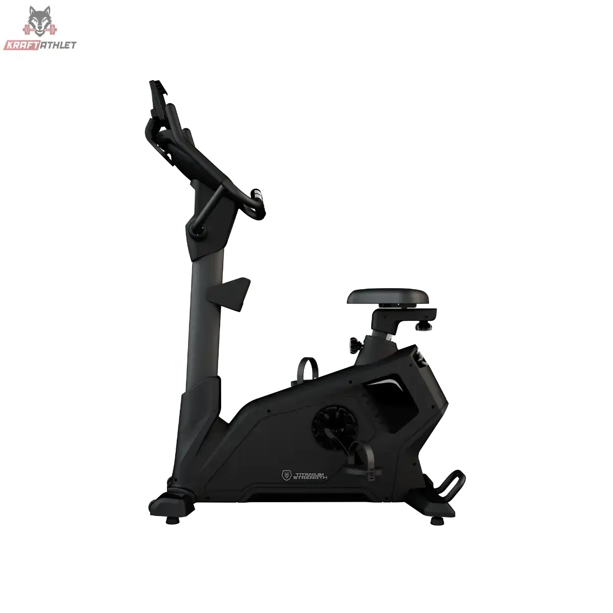 Titanium Strength ST2000 Ergometer Pro Series in Schwarz, Seitenansicht von links mit Sattel, Lenker und Konsole