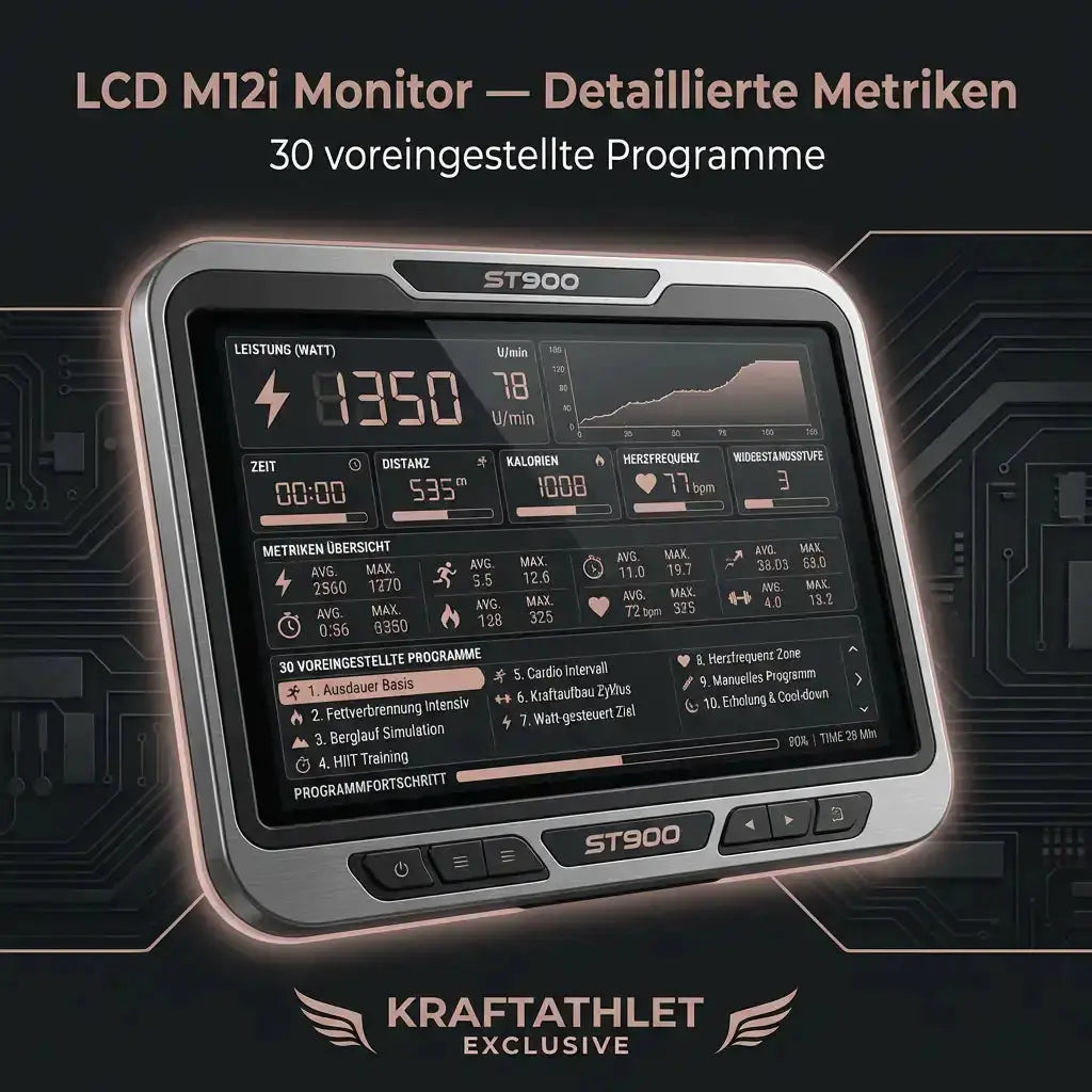 Titanium Strength ST900 LCD Upright-Ergometer Performance Series – Grafik des Monitors mit Trainingswerten und Programmen