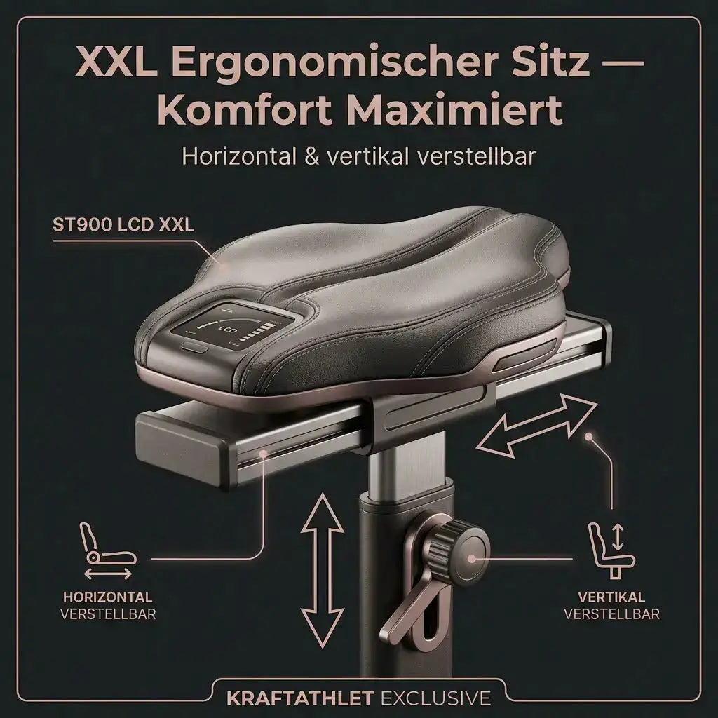 Titanium Strength ST900 LCD Upright-Ergometer Performance Series – Grafik zum horizontal und vertikal verstellbaren Sattel