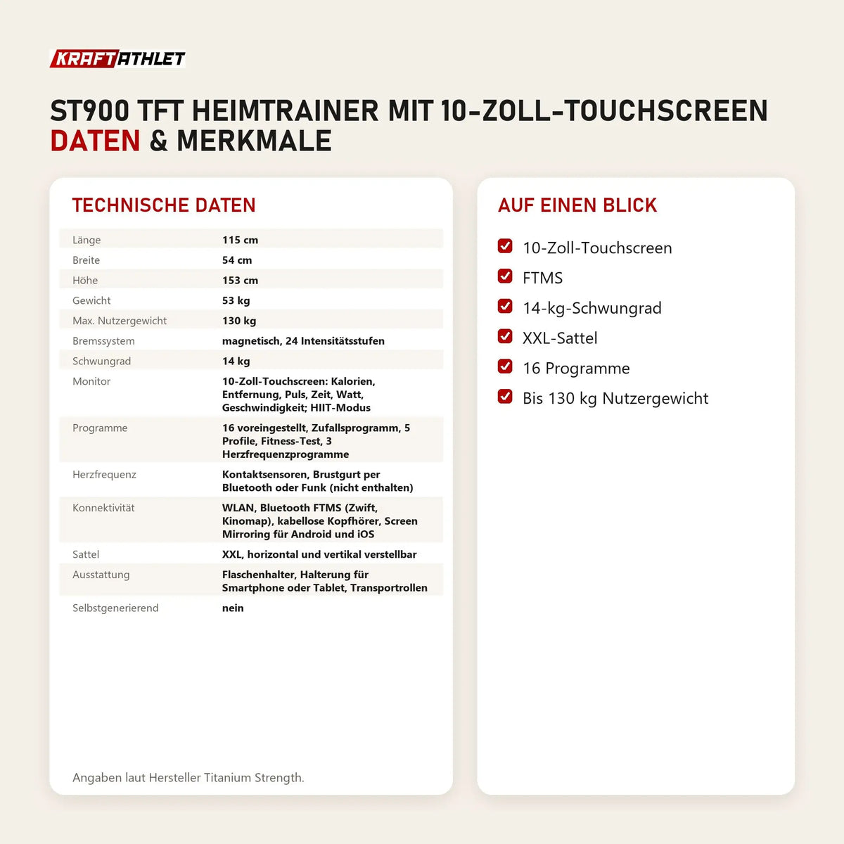 Technische Daten und Merkmale von Titanium Strength ST900 TFT Heimtrainer mit 10-Zoll-Touchscreen als Tabelle