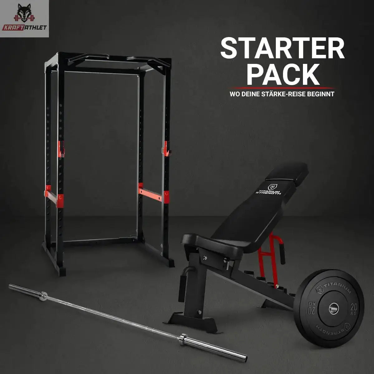 Titanium Strength Starter Pack: Power Rack, Hantelbank, Langhantel und Hantelscheibe vor dunklem Hintergrund