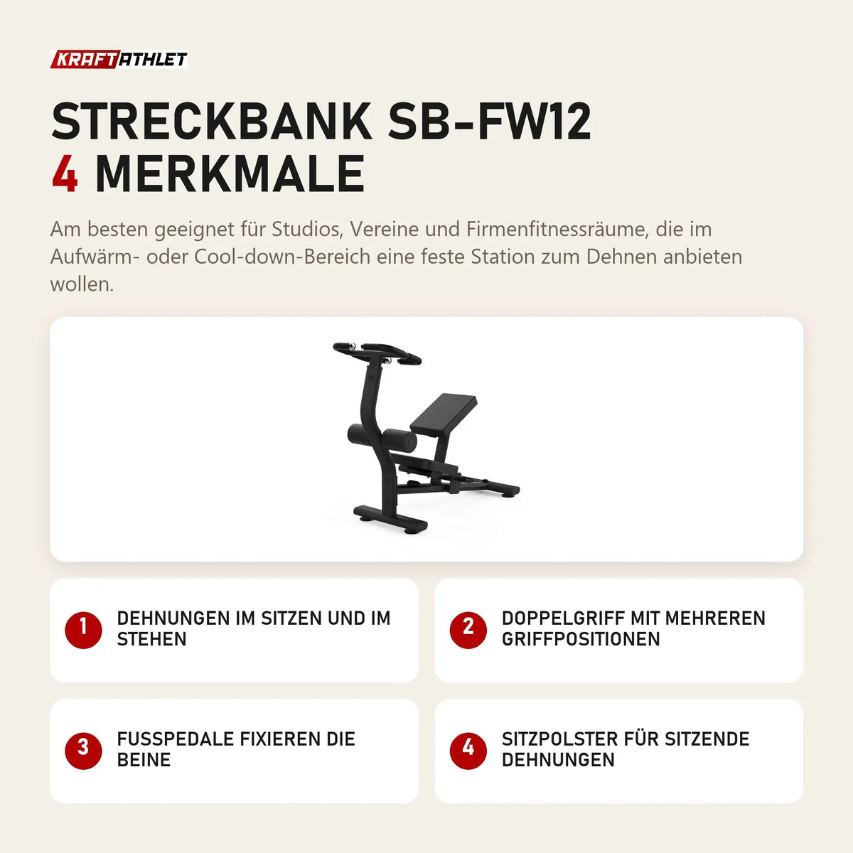Titanium Strength Streckbank SB-FW12 mit 4 Merkmalen: Dehnungen im Sitzen und im Stehen, Doppelgriff mit mehreren Griffpositionen, Fußpedale fixieren die Beine, Sitzpolster für sitzende Dehnungen