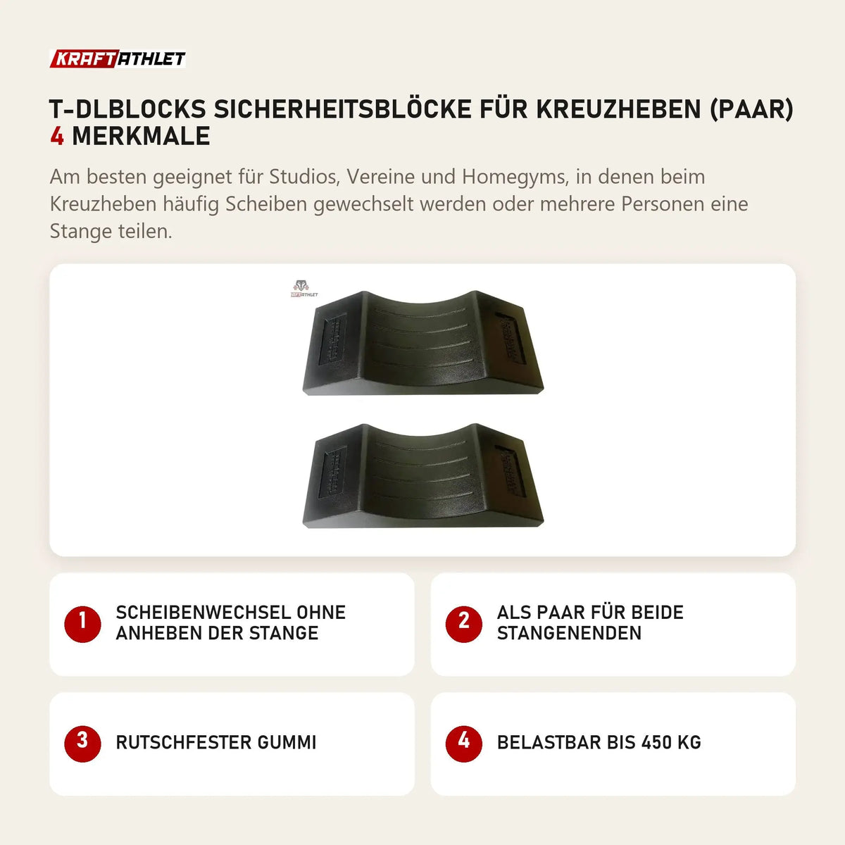 Titanium Strength T-DLBLOCKS Sicherheitsblöcke für Kreuzheben (Paar) mit 4 Merkmalen: Scheibenwechsel ohne Anheben der Stange, Als Paar für beide Stangenenden, Rutschfester Gummi, Belastbar bis 450 kg