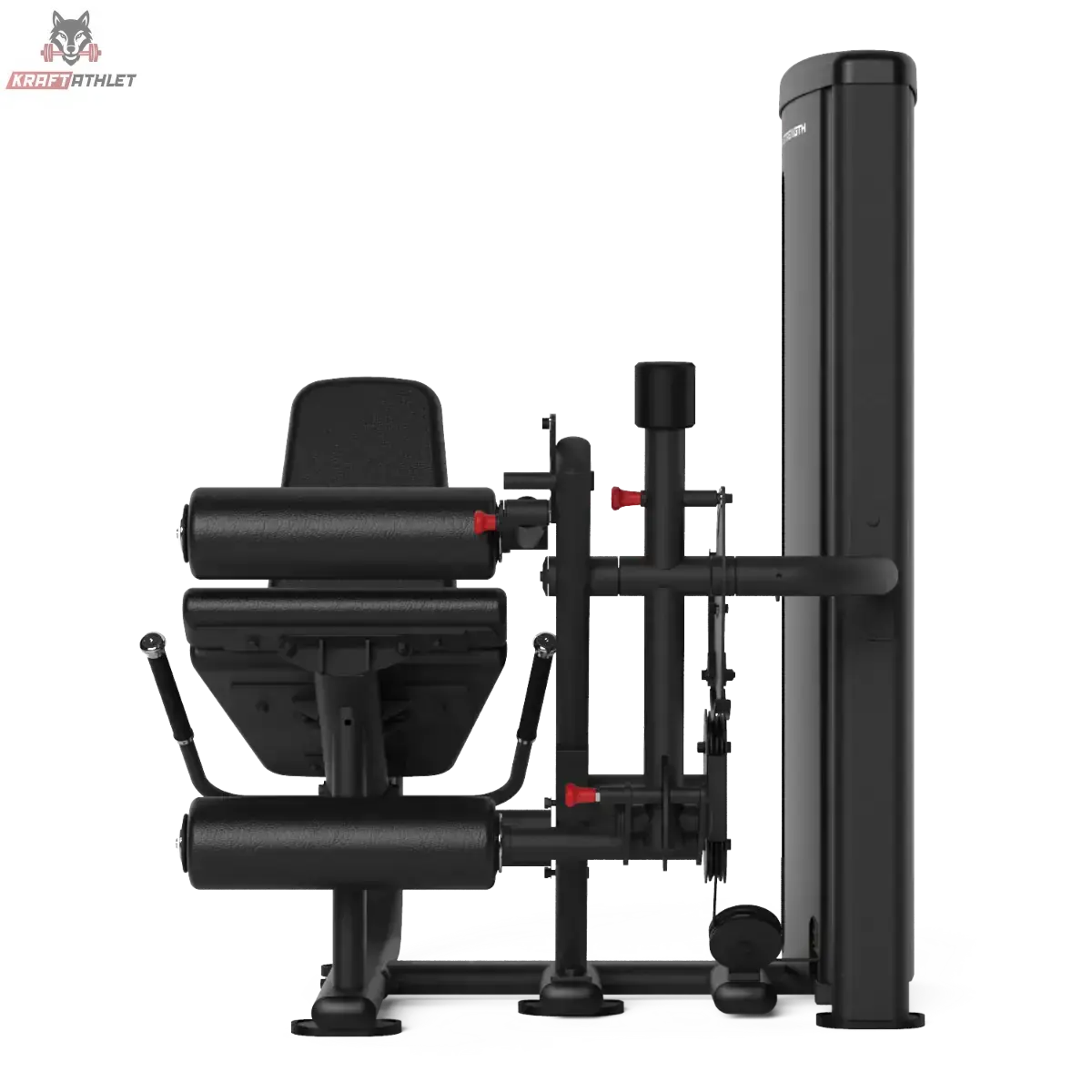 Titanium Strength TF1 Beinbeuger und Beinstrecker in Frontansicht mit Sitzpolster und beiden Beinrollen