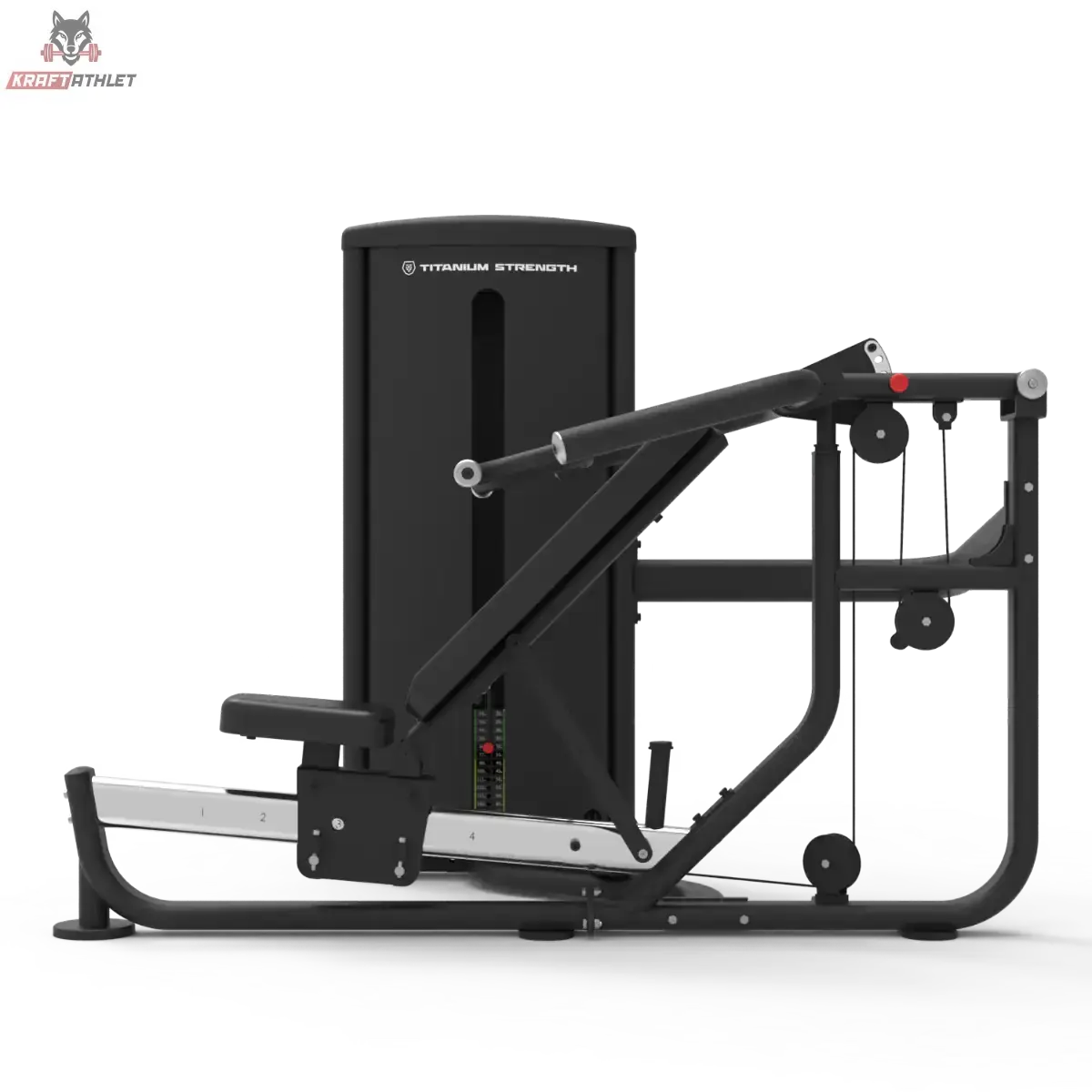 Titanium Strength TF5 Multipress in Schrägansicht mit Gewichtsturm, Führungsschiene und Hebelarm, schwarz
