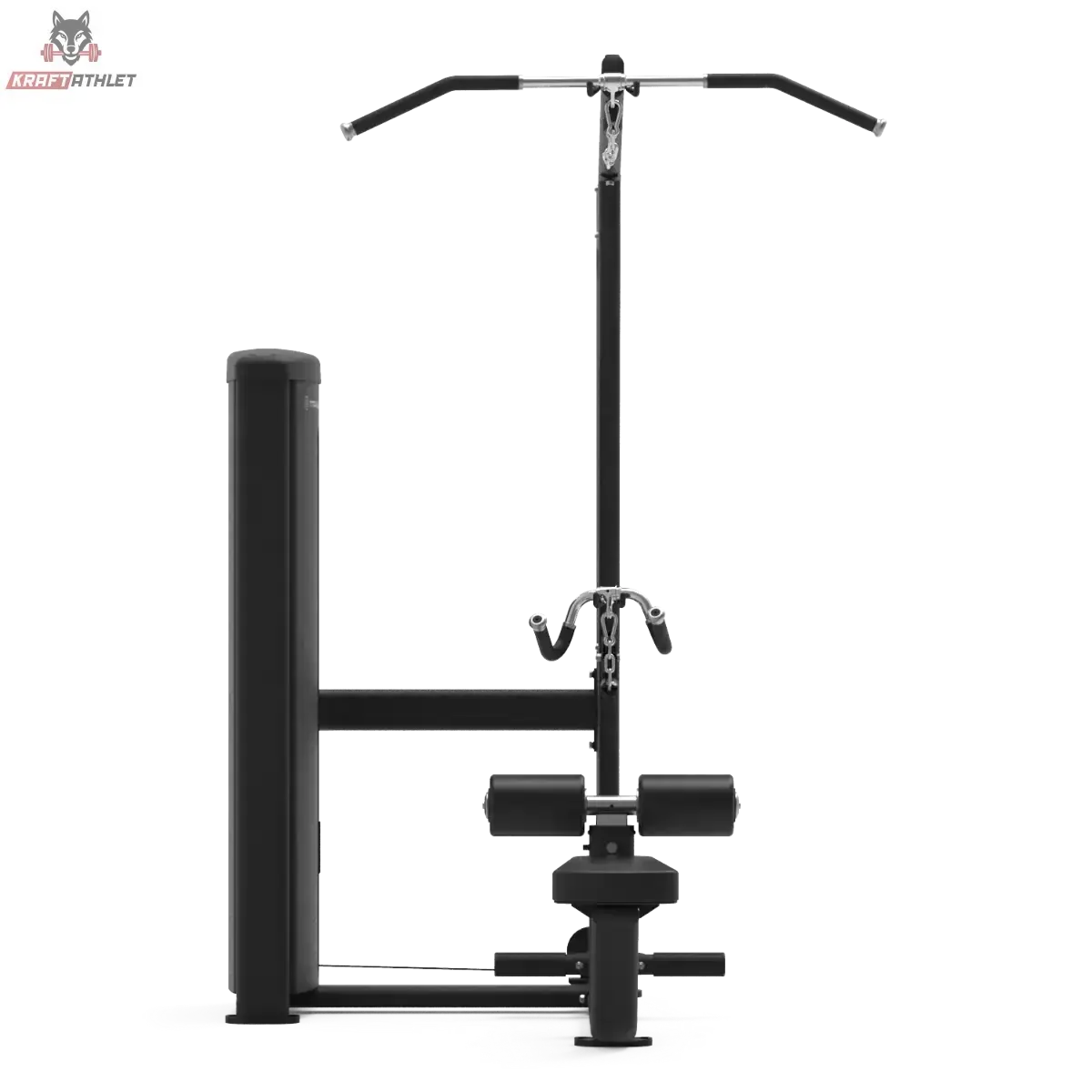 Titanium Strength TF6 Lat Pulldown & Row in Frontansicht mit breiter Latzugstange über dem Sitz, schwarz