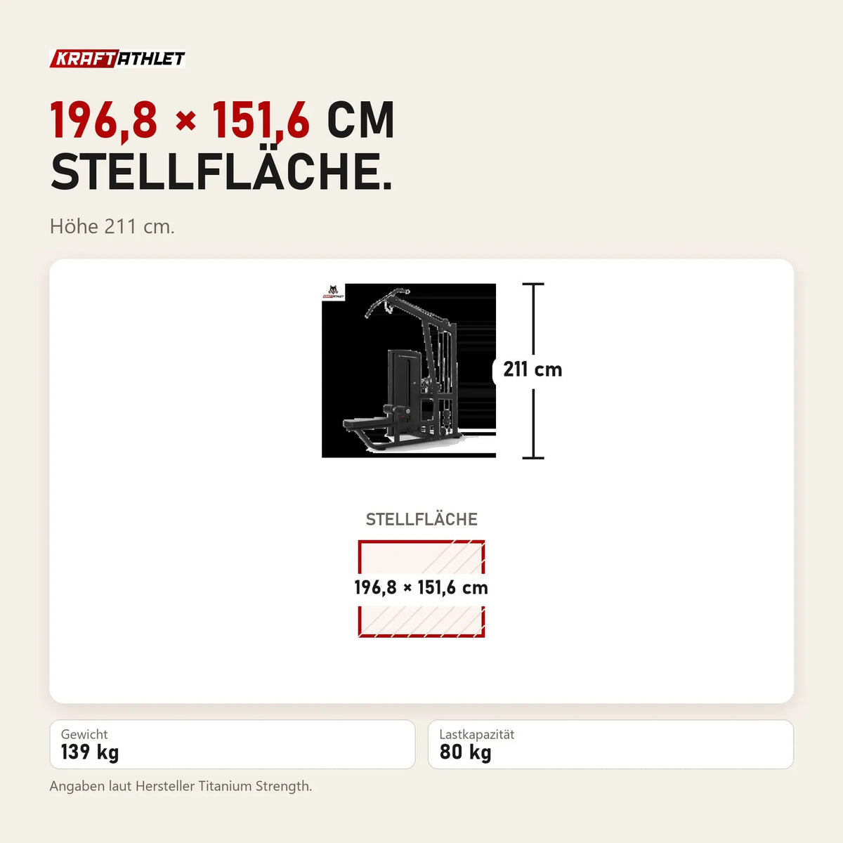 Maßbild Titanium Strength TF6 Lat Pulldown & Row: Stellfläche 196,8 × 151,6 cm, Höhe 211 cm