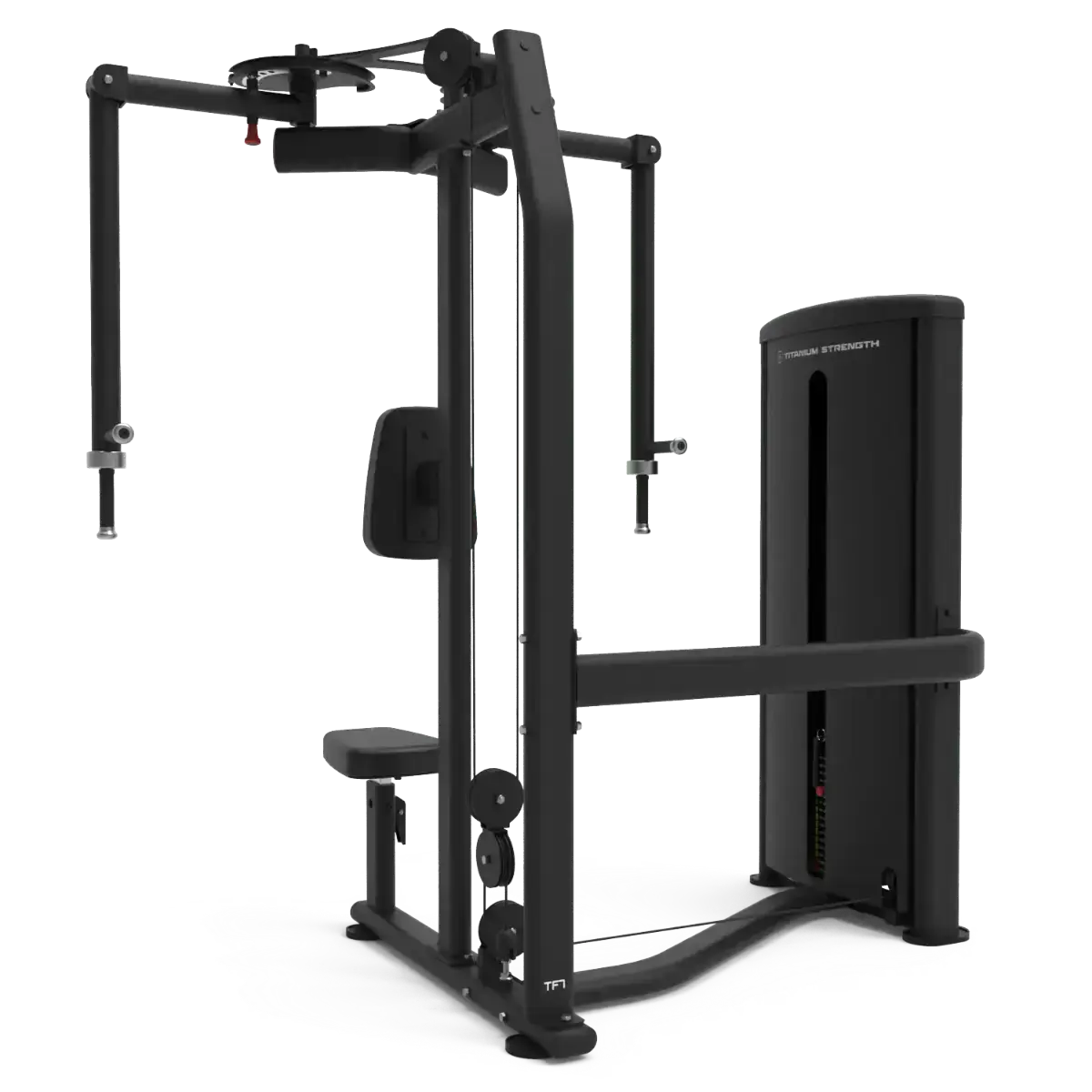 Titanium Strength TF7 Pec Fly und Rear Delt in Seitenansicht mit Kabelführung und Fußstütze, schwarz