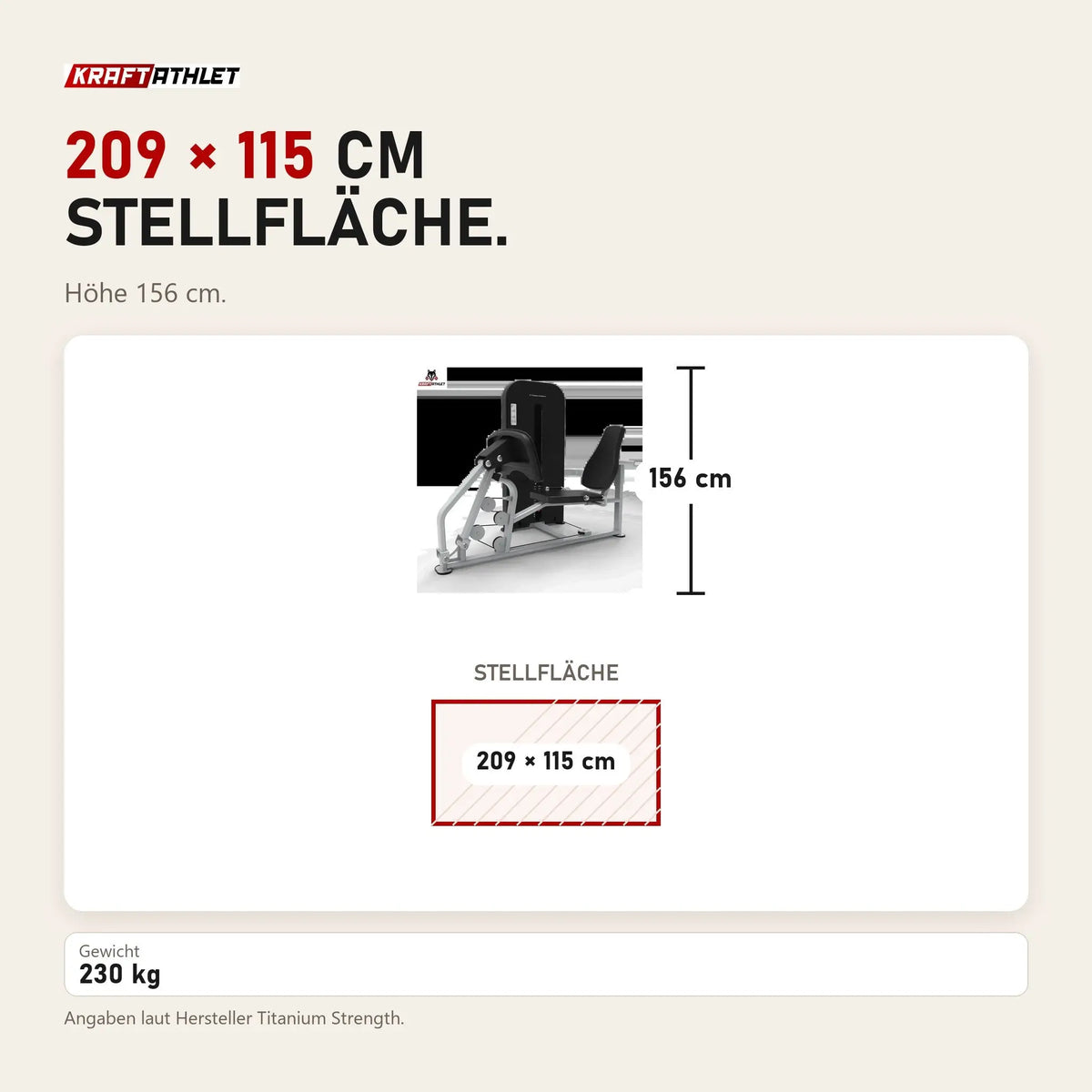 Maßbild Titanium Strength TF8 Leg Press: Stellfläche 209 × 115 cm, Höhe 156 cm