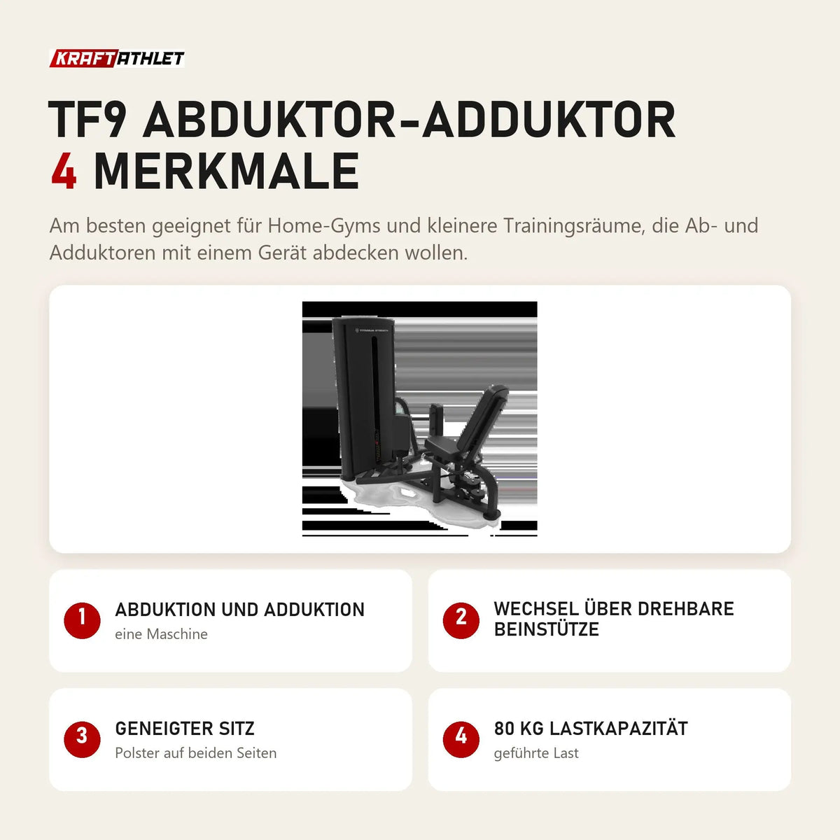 Titanium Strength TF9 Abduktor-Adduktor mit 4 Merkmalen: Abduktion und Adduktion, Wechsel über drehbare Beinstütze, Geneigter Sitz, 80 kg Lastkapazität