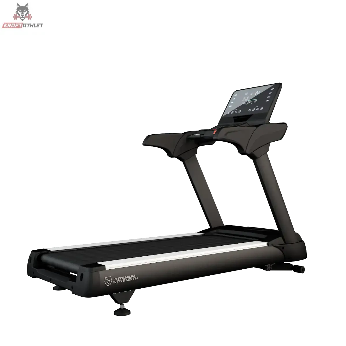 Titanium Strength TM2000 Laufband Pro Series in Schwarz, Schrägansicht mit Display vor dunklem Hintergrund