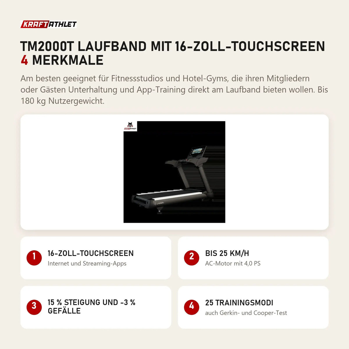 Titanium Strength TM2000T Laufband mit 16-Zoll-Touchscreen mit 4 Merkmalen: 16-Zoll-Touchscreen, Bis 25 km/h, 15 % Steigung und -3 % Gefälle, 25 Trainingsmodi