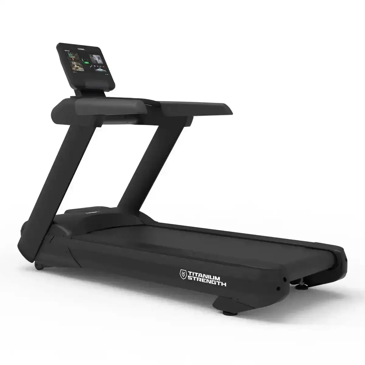Titanium Strength TM700 Laufband Pro Series, Seitenansicht von hinten rechts mit Handläufen