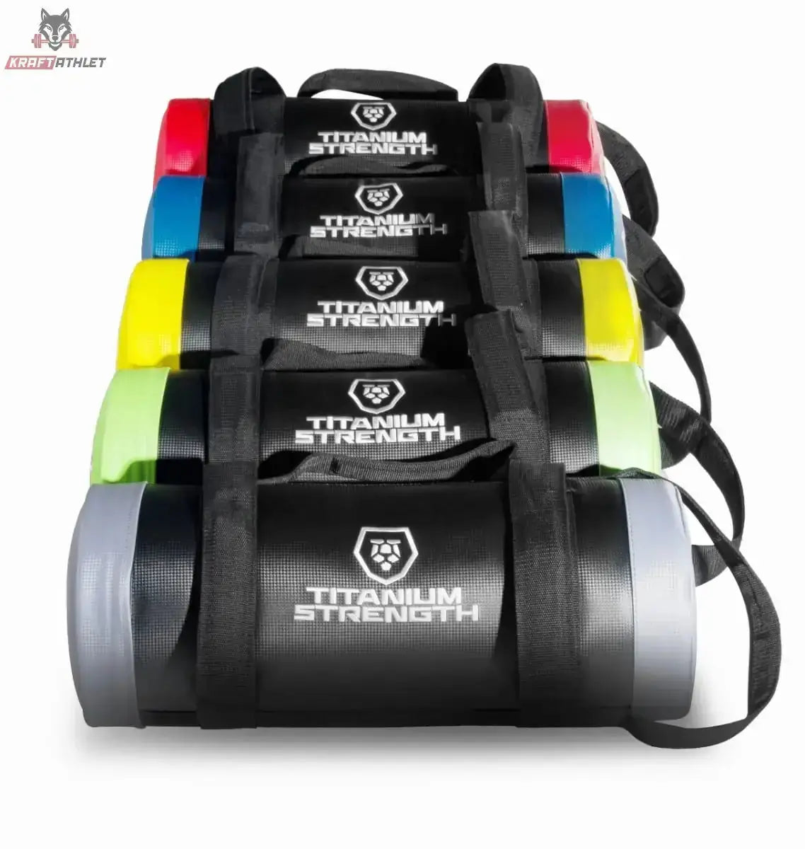 Titanium Strength TSB Sandbag, alle Gewichtsstufen übereinander gestapelt in der Frontansicht