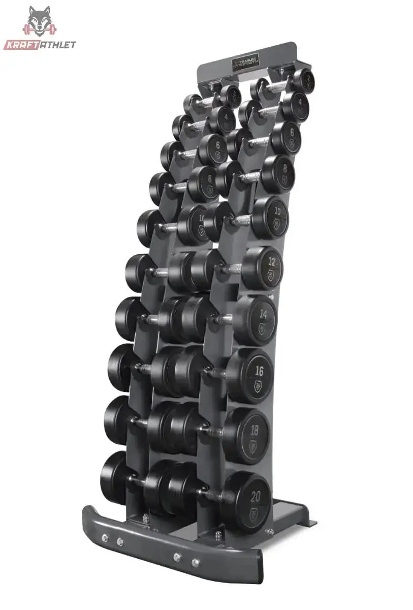 Titanium Strength TV20 Gummi-Hantelset 2–20 kg mit Hantelständer – Schrägansicht mit schwarzem Ständer und allen Kurzhanteln