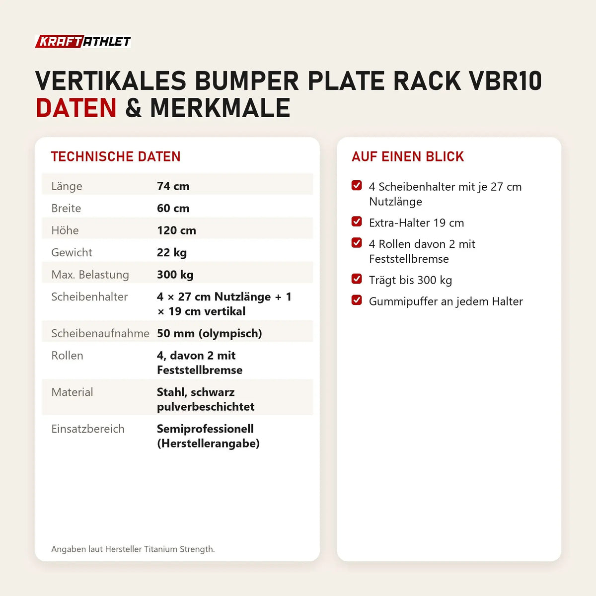 Technische Daten und Merkmale von Titanium Strength Vertikales Bumper Plate Rack VBR10 als Tabelle