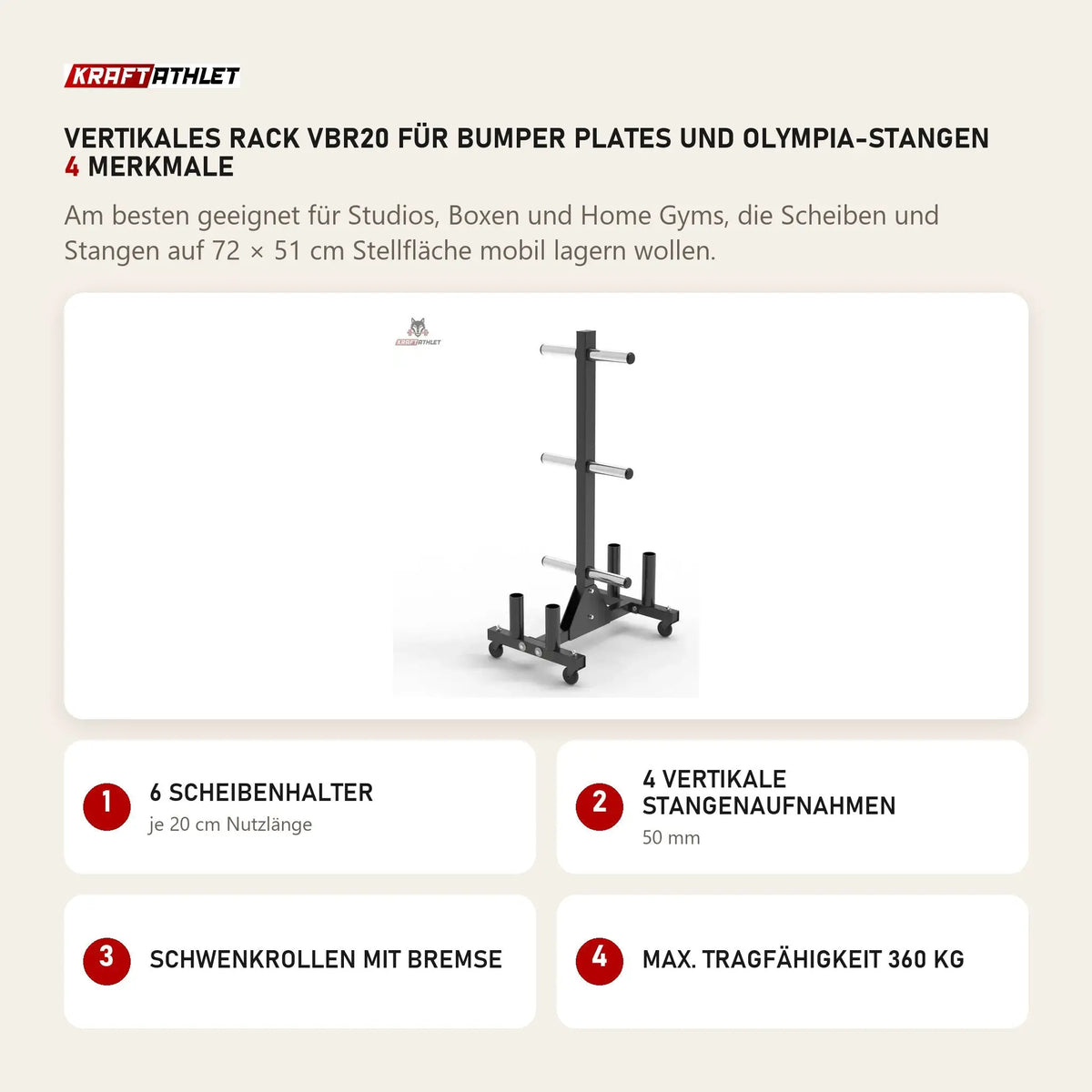Titanium Strength Vertikales Rack VBR20 für Bumper Plates und Olympia-Stangen mit 4 Merkmalen: 6 Scheibenhalter, 4 vertikale Stangenaufnahmen, Schwenkrollen mit Bremse, Max. Tragfähigkeit 360 kg