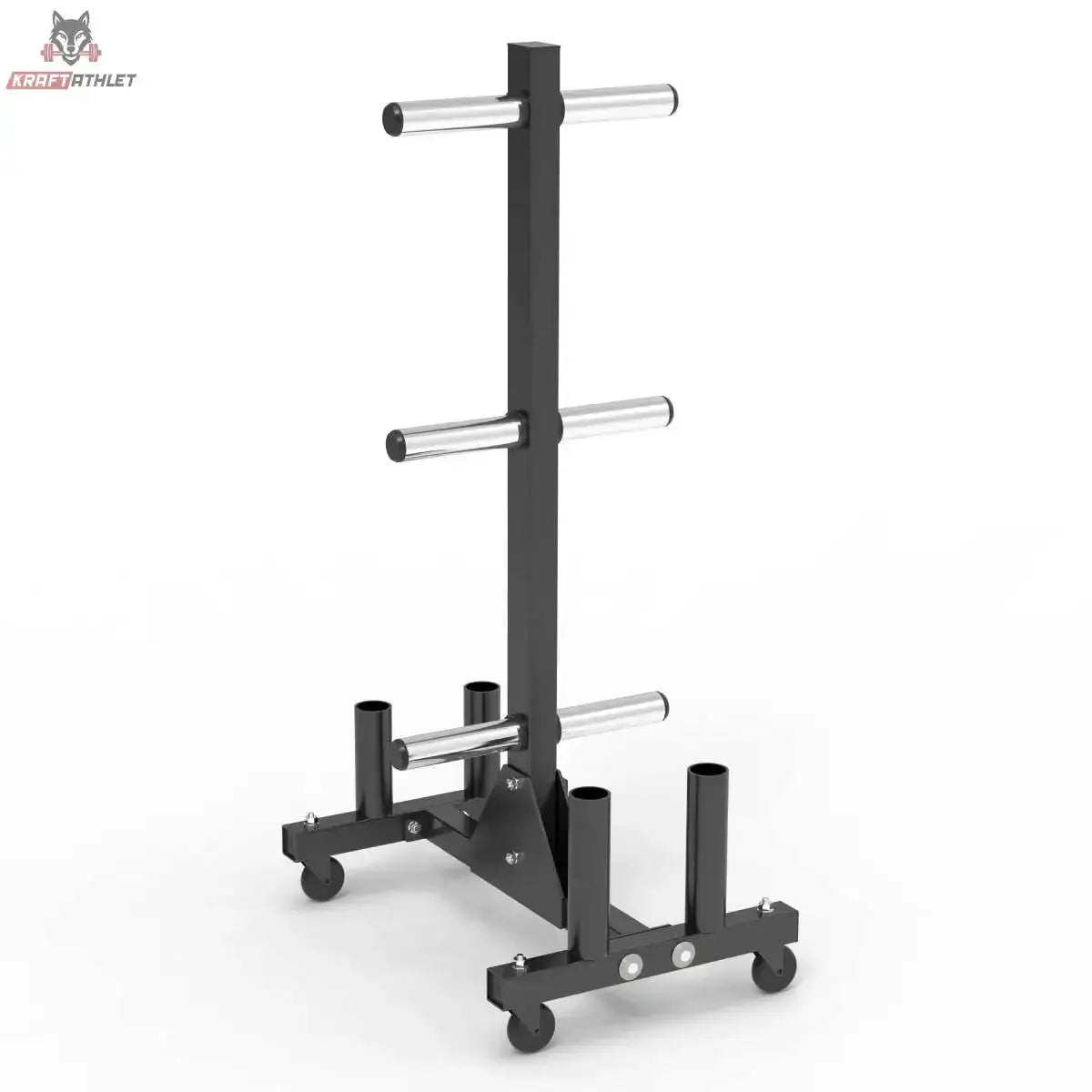 Titanium Strength Vertikales Rack VBR20 für Bumper Plates und Olympia-Stangen in Schrägansicht mit Scheibenhörnern und Rollen