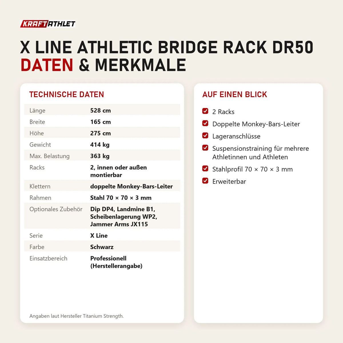 Technische Daten und Merkmale von Titanium Strength X Line Athletic Bridge Rack DR50 als Tabelle