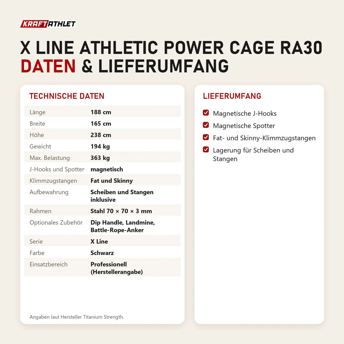 Technische Daten und Lieferumfang von Titanium Strength X Line Athletic Power Cage RA30 als Tabelle