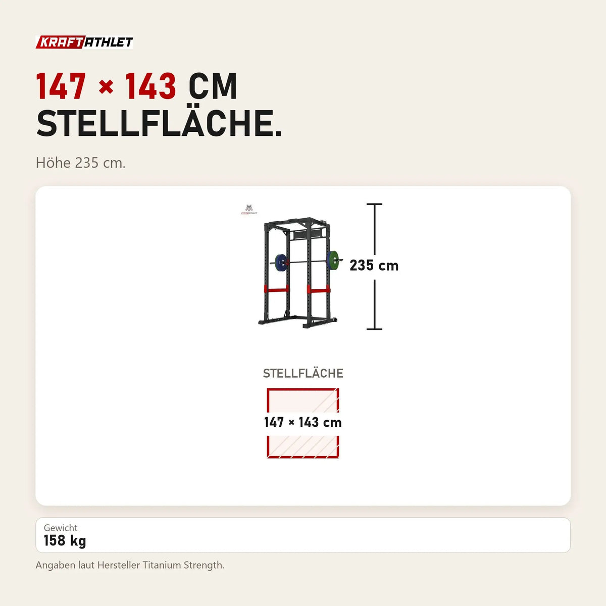 Maßbild Titanium Strength X line HD Power Rack RP50: Stellfläche 147 × 143 cm, Höhe 235 cm