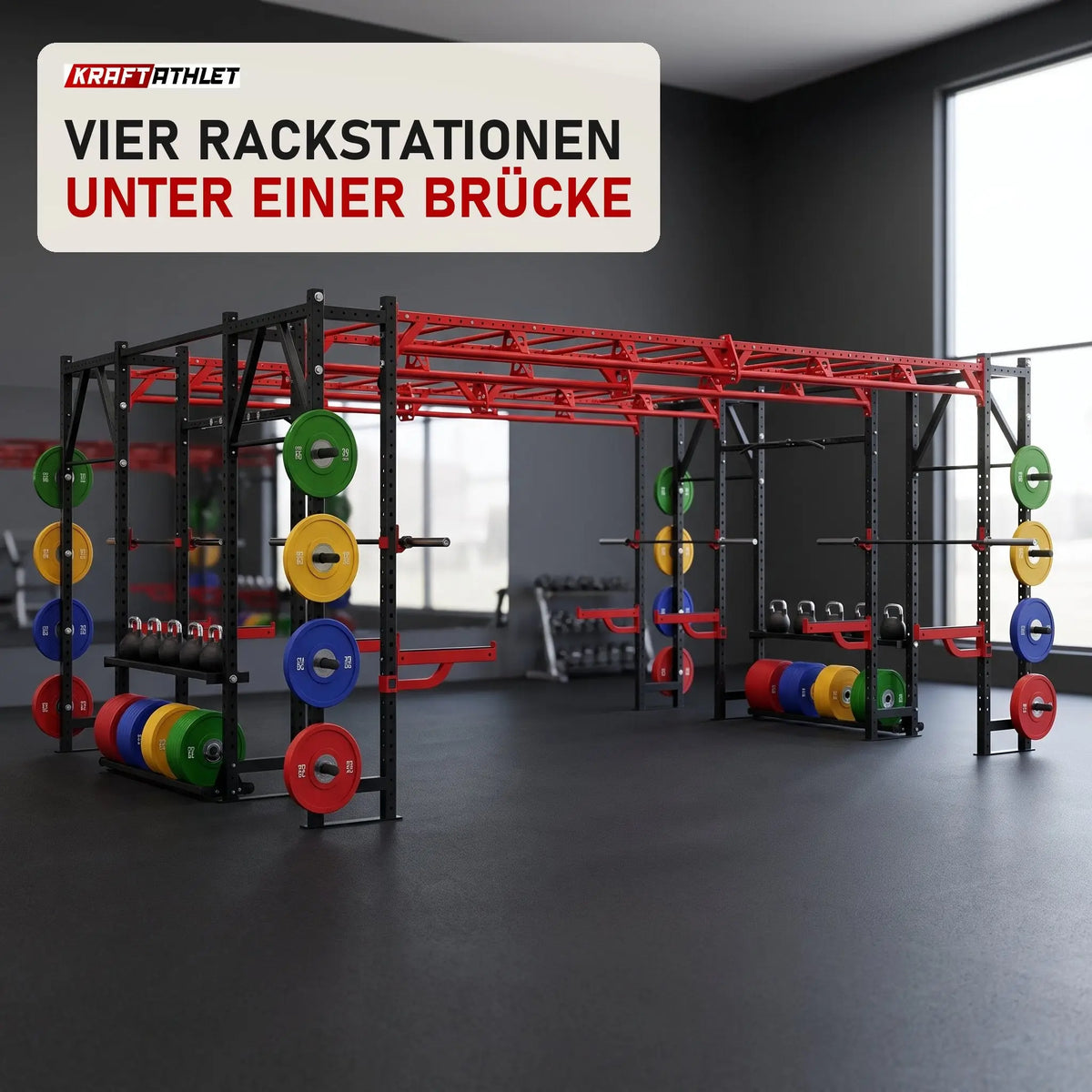 Titanium Strength X Line Heavy Athletic Bridge Rack FR50 in einem fertig eingerichteten Studio mit dunklen Wänden und Gummiboden