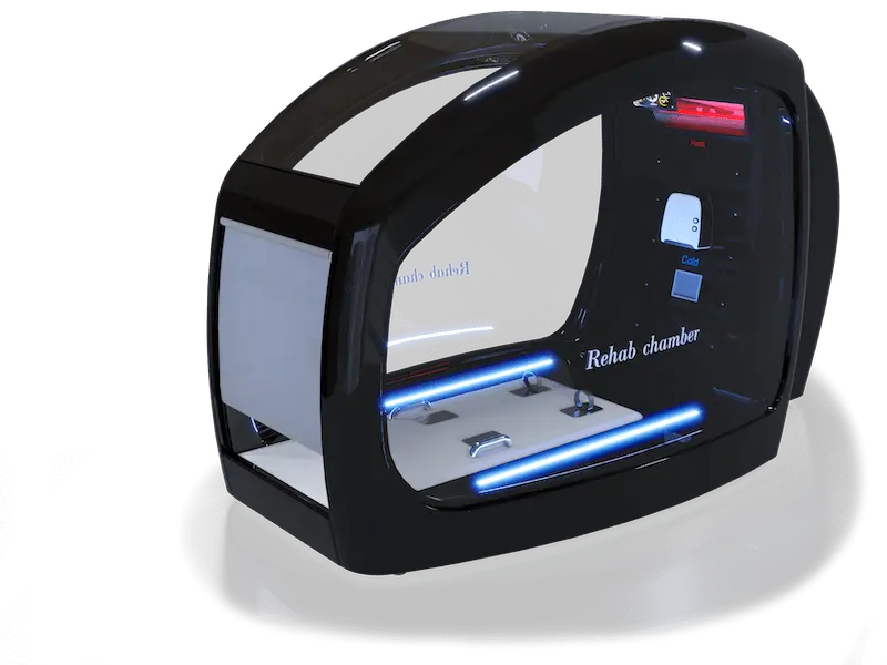 A sleek black rehabilitation chamber with a futuristic design, featuring a large curved glass front with "Rehab chamber" written on it. The interior is illuminated with blue LED lights, showcasing a modern and advanced setup ideal for therapeutic purposes.