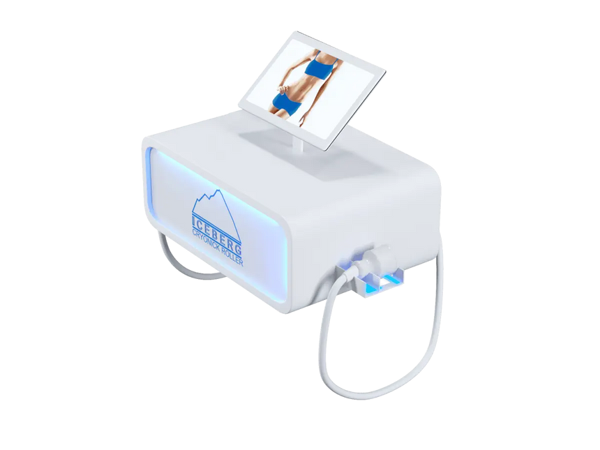 A sleek, black Iceberg Cryonick Roller cryotherapy machine featuring a digital screen displaying a human arm for demonstration. The device is illuminated with blue LED accents, showcasing its modern design and advanced functionality for muscle recovery and cold therapy applications.