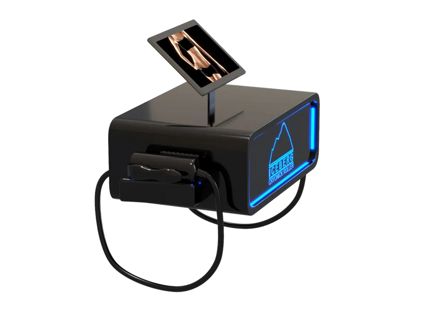 A sleek, black Iceberg Cryonick Roller cryotherapy machine featuring a digital screen displaying a human arm for demonstration. The device is illuminated with blue LED accents, showcasing its modern design and advanced functionality for muscle recovery and cold therapy applications.