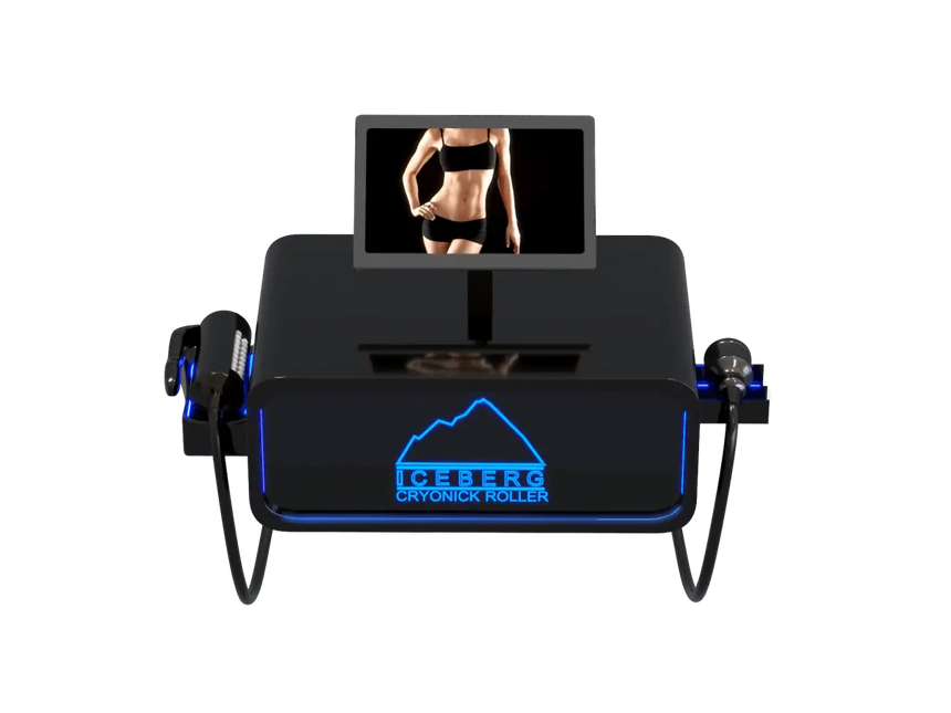 A sleek, black Iceberg Cryonick Roller cryotherapy machine featuring a digital screen displaying a human arm for demonstration. The device is illuminated with blue LED accents, showcasing its modern design and advanced functionality for muscle recovery and cold therapy applications.
