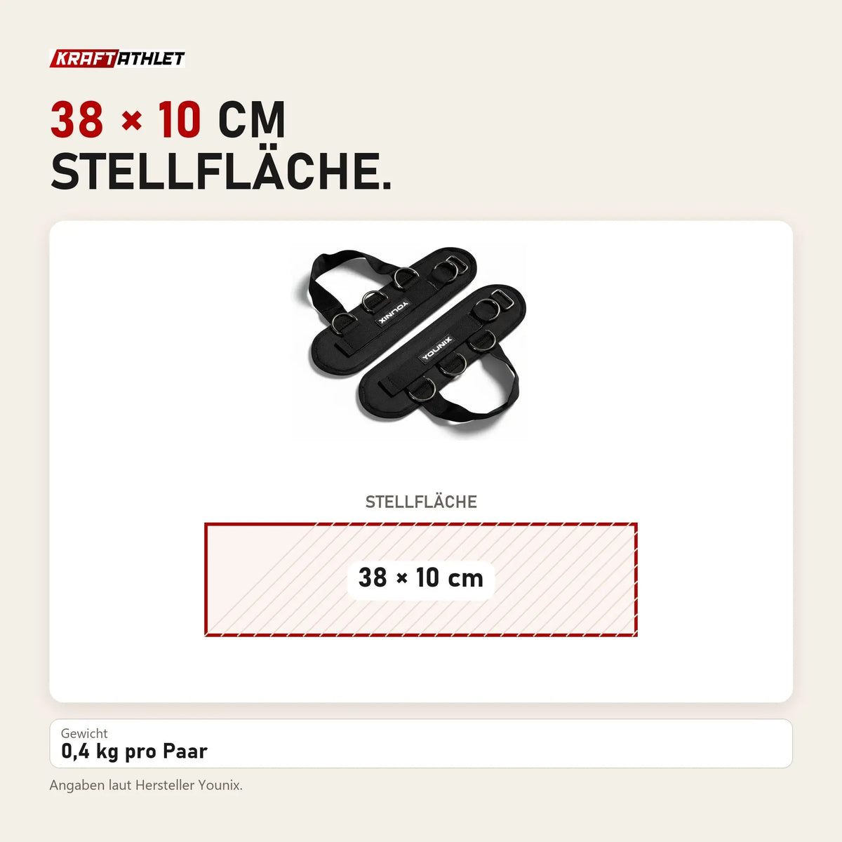 Maßbild Younix Ankle Cuffs Fußmanschetten für den Kabelzug: Stellfläche 38 × 10 cm