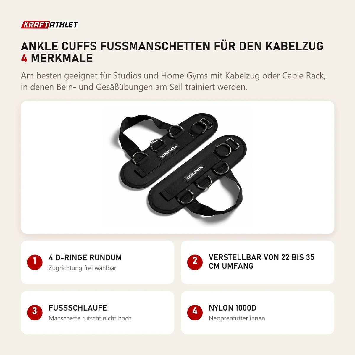 Younix Ankle Cuffs Fußmanschetten für den Kabelzug mit 4 Merkmalen: 4 D-Ringe rundum, Verstellbar von 22 bis 35 cm Umfang, Fußschlaufe, Nylon 1000D