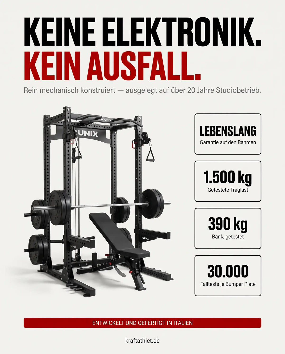Younix Cable Rack Bundle Kabelzug-Komplettpaket, Grafik mit Hantelbank und Belastungsdaten ohne Elektronik