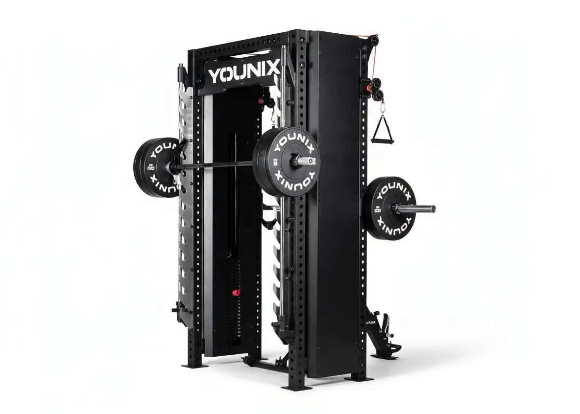 Younix Cable Rack Smith Kabelzugstation mit Smith Machine, Schrägansicht mit Hantelscheiben auf weißem Hintergrund