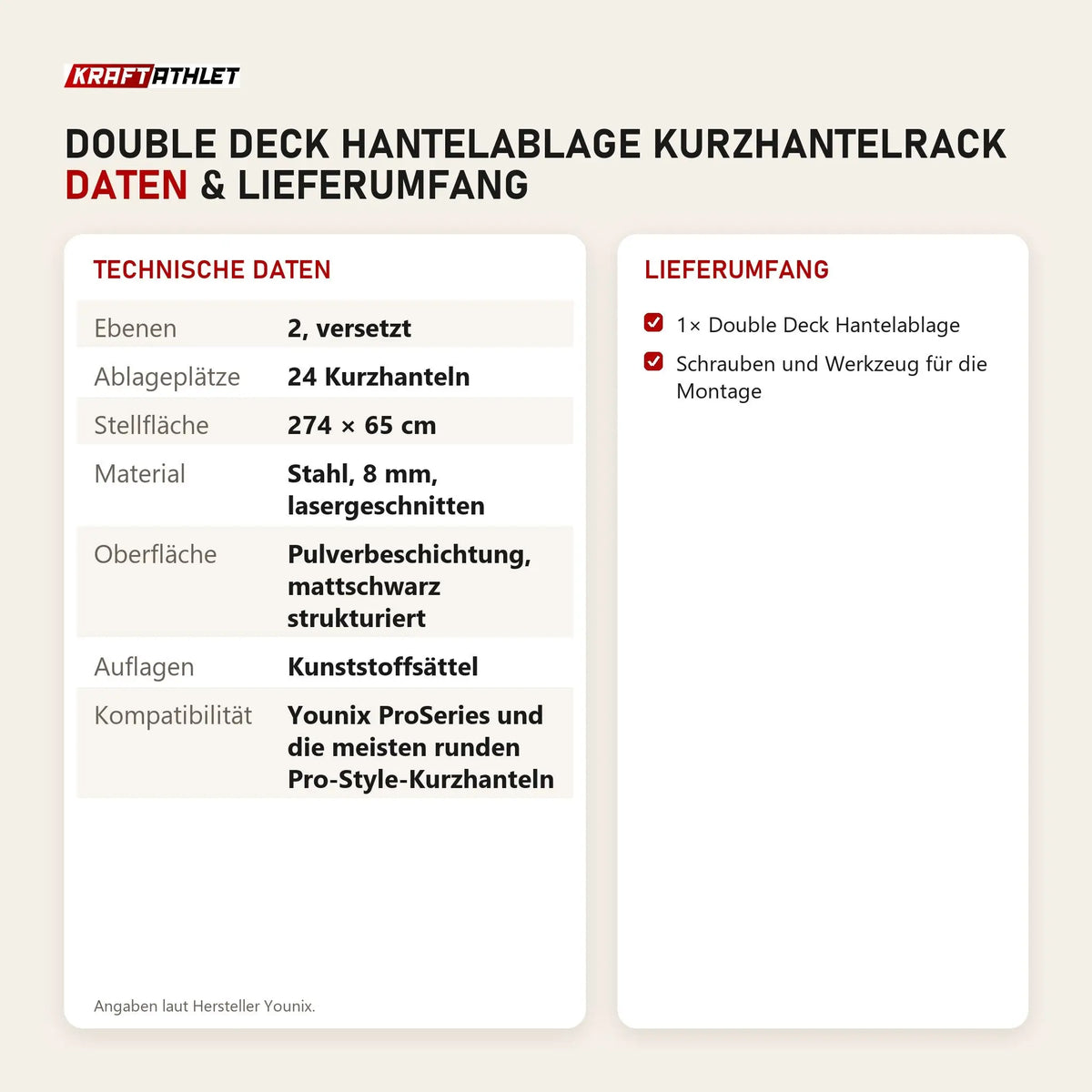 Technische Daten und Lieferumfang von Younix Double Deck Hantelablage Kurzhantelrack als Tabelle