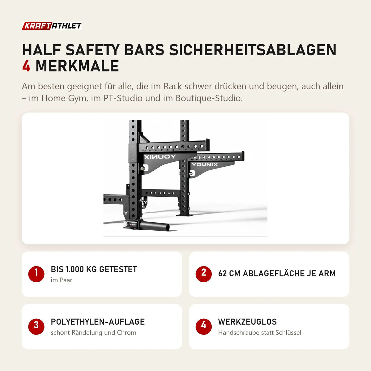 Younix Half Safety Bars Sicherheitsablagen mit 4 Merkmalen: Bis 1.000 kg getestet, 62 cm Ablagefläche je Arm, Polyethylen-Auflage, Werkzeuglos