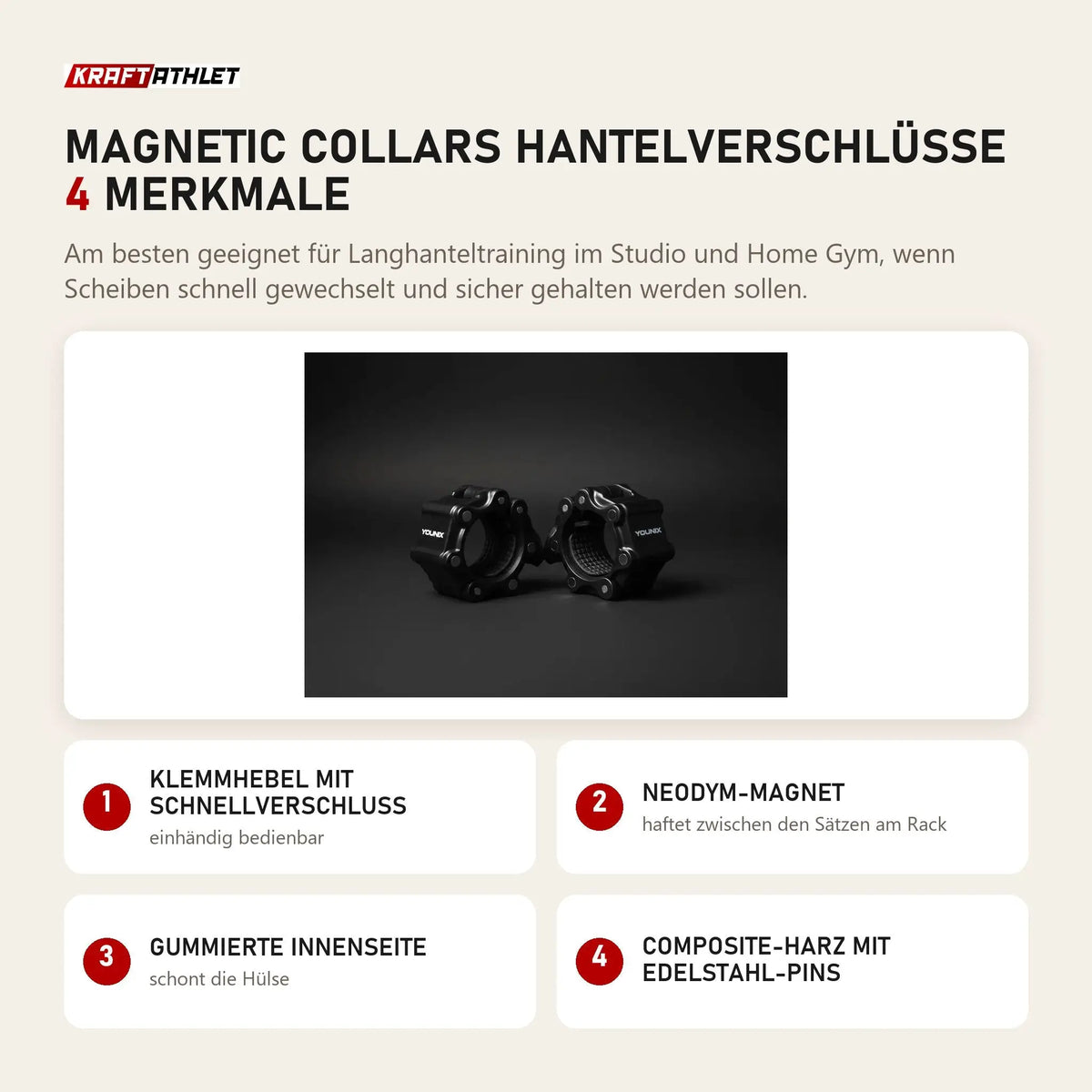 Younix Magnetic Collars Hantelverschlüsse mit 4 Merkmalen: Klemmhebel mit Schnellverschluss, Neodym-Magnet, Gummierte Innenseite, Composite-Harz mit Edelstahl-Pins